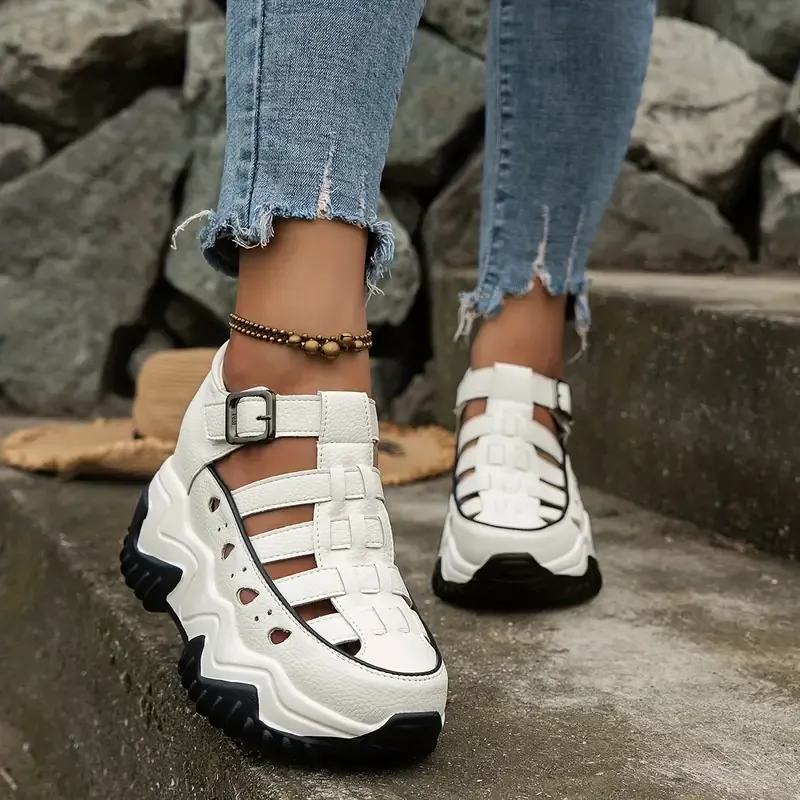 Women's Platform Wedge Sandals, Hollow Out Colorblock Buckle Strap Shoes, Fashionable Heightening Sandals