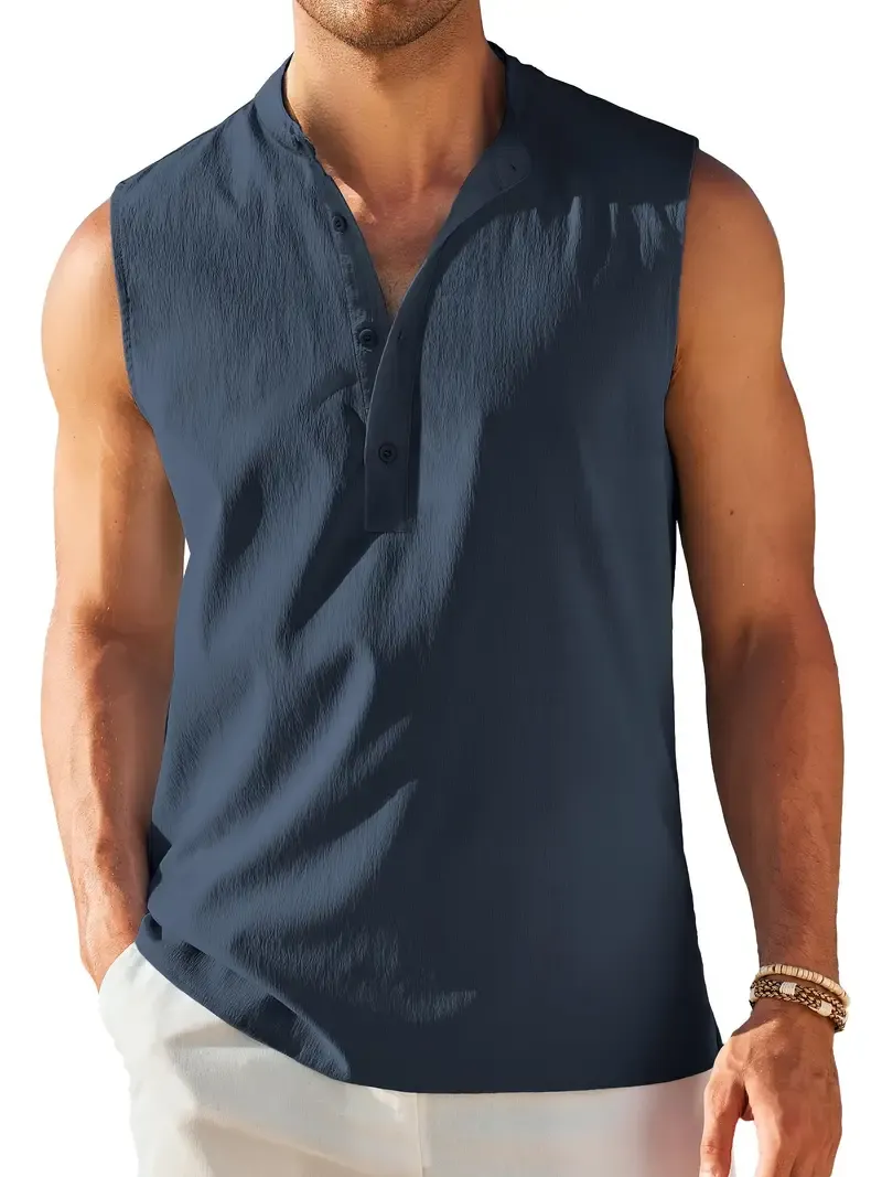 Men's Solid Sleeveless Henley Neck Tank Top, Trendy And Chic Casual Vest For Summer Outdoors And Holiday Wear