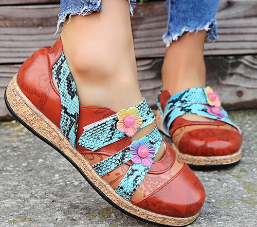 Ethnic style flower women's shoes color matching
