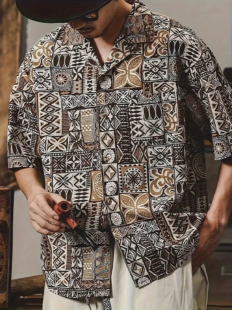 Creative Print Men's Summer Fashionable And Simple Short Sleeve Button Casual Lapel Simple Shirt, Trendy And Versatile, Suitable For Dates, Beach Holiday, As Gifts