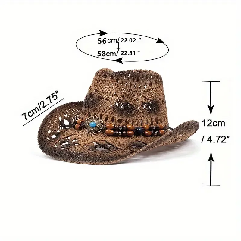 Summer Wide Brim Women's Western Cowboy Hat with Beaded Hatband, Hollow Out Straw Sun Protection Hat for Beach Festival