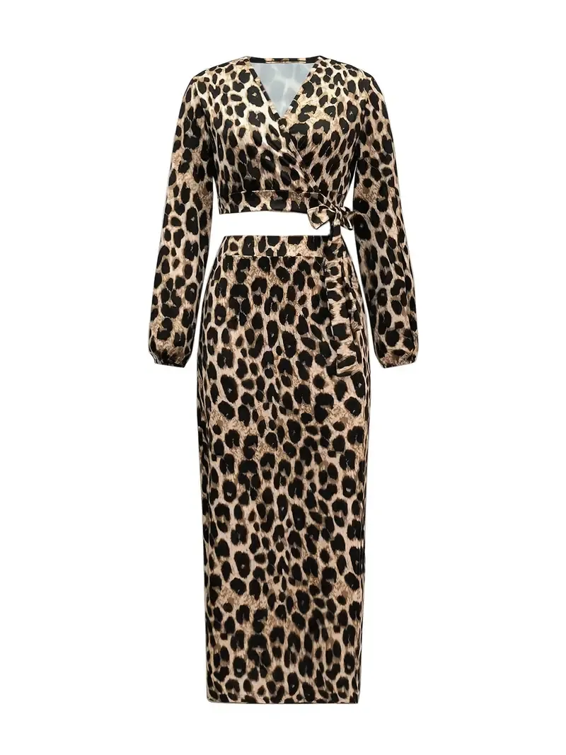 Leopard Print Matching Two-piece Set, Long Sleeve Knot Crop Top & Split Thigh Maxi Skirt Outfits, Women's Clothing