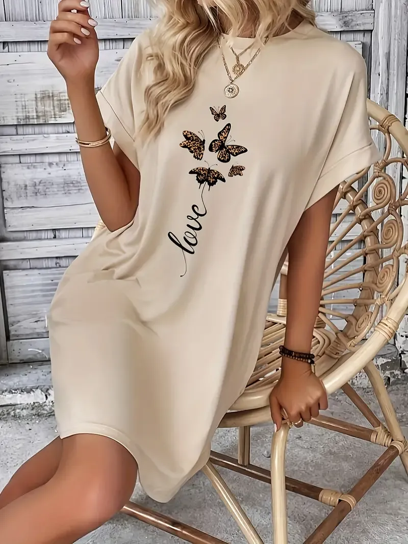 Butterfly & Letter Print With Pocket Dress, Casual Crew Neck Short Sleeve Dress For Spring & Summer, Women's Clothing