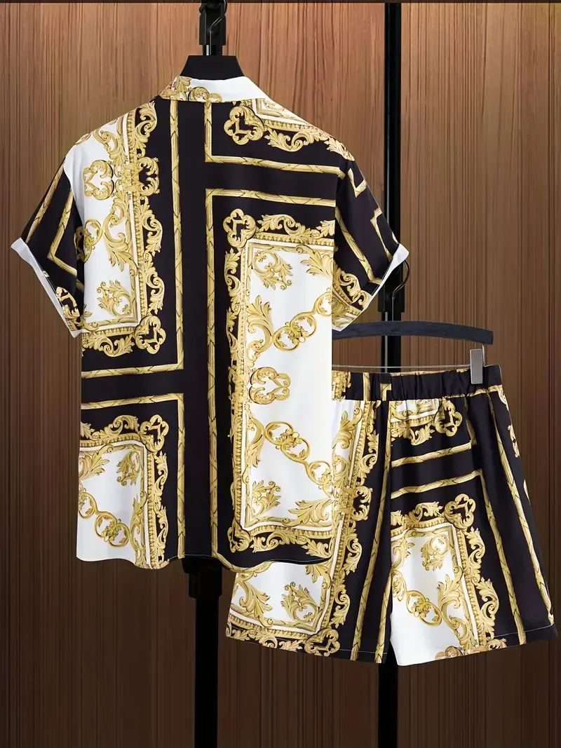 2Pcs Men's Retro Pattern Print Hawaii Shirt And Drawstring Shorts Set, Casual Lapel Button Up Short Sleeve, For Summer