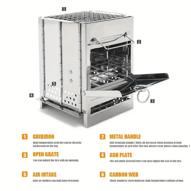 1pc Multi-Purpose Portable Folding Stainless Steel Wood Stove for Outdoor, Square Unfinished Fire Pit with High-Temperature Resistant Grill, Ideal for Boiling, BBQ, Frying, Hot Pot, Includes Storage Bag - No Lighter Device Included