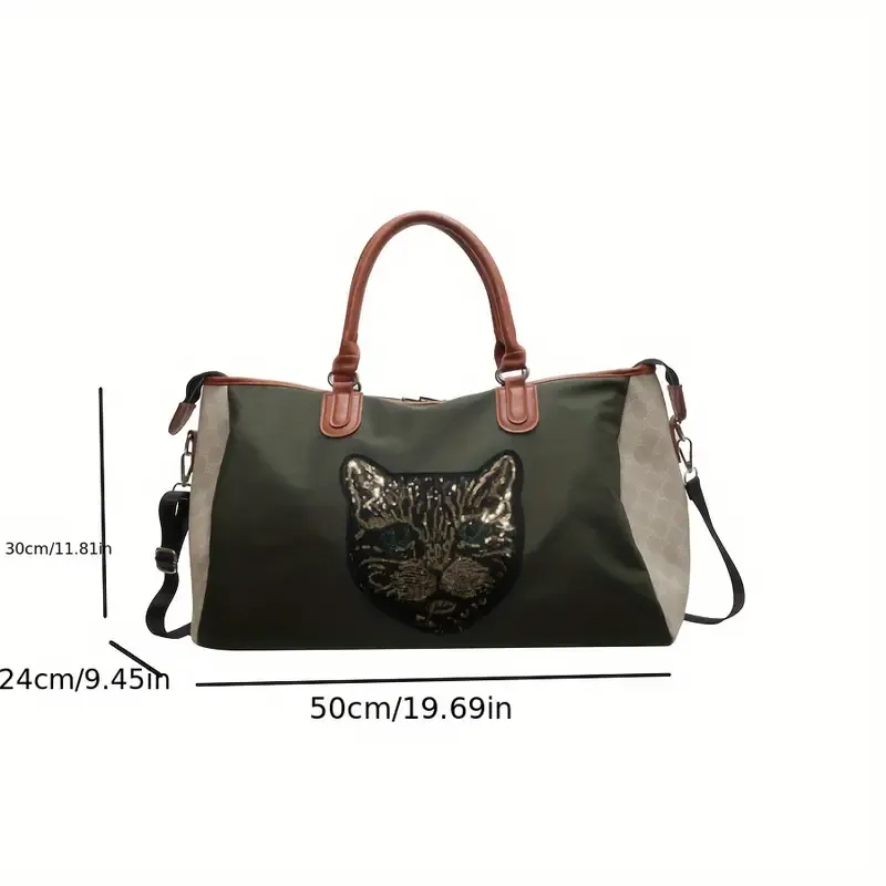 Large Capacity Sequins Cat Pattern Luggage Handbag, Versatile Portable Duffle Bag, Short Distance Zipper Storage Bag