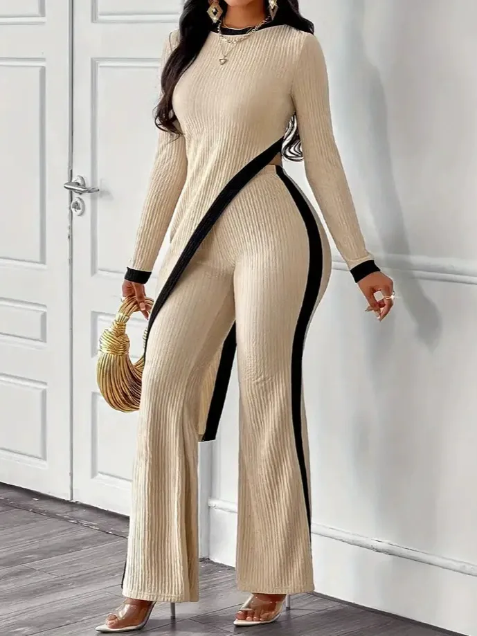 New women's fashion long-sleeved contrast color side slit T-shirt + splicing trousers suit