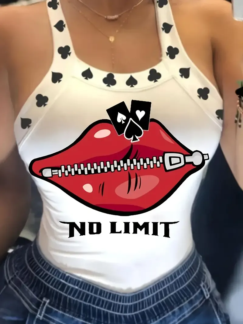 Lip Print Bow Back Tank Top, Sexy Sleeveless Slim Top For Summer & Spring, Women's Clothing