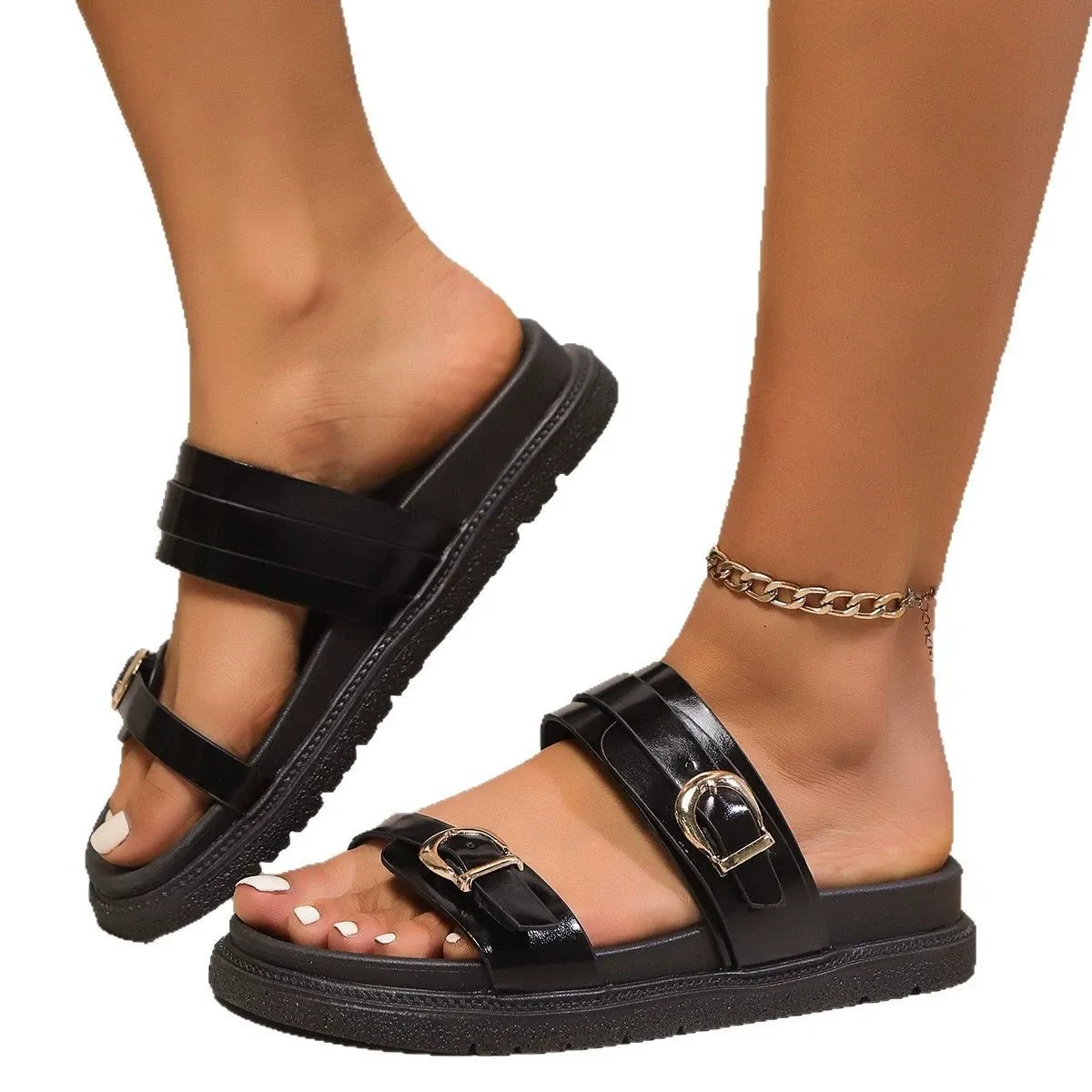Large size solid color 2025 summer new style round head fashionable leather buckle single-strand women's thick-soled flip-flop