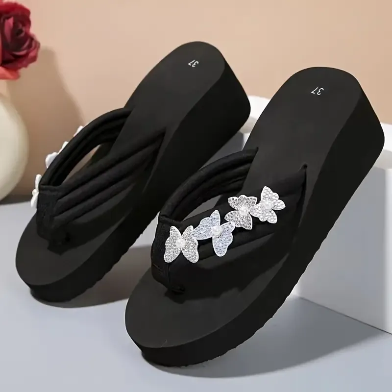 Women's Fashion Butterfly Accented Platform Flip-Flops with Anti-Slip Wedge Heel, Fabric Straps, and Rubber Sole for All Seasons
