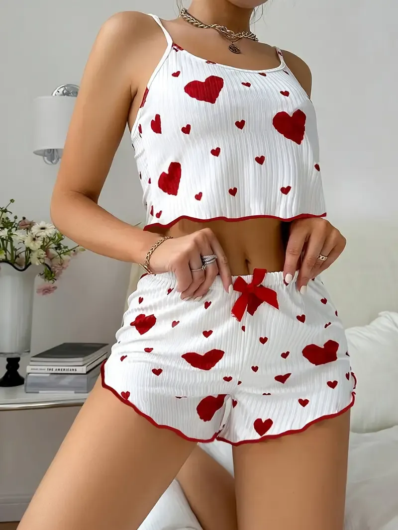 Heart Print Cute Casual Shorts Set, Cami Top & Bow Decor Elastic Waist Shorts Outfits For Summer, Women's Clothing