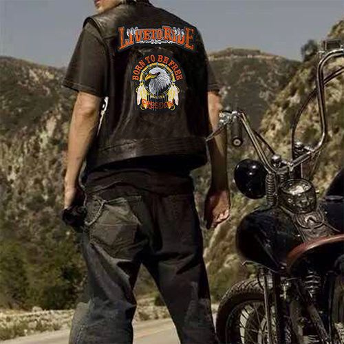 Motorcycle Eagle & Dreamcatcher Embroidery Pattern PU Leather Men's Casual Tank Top