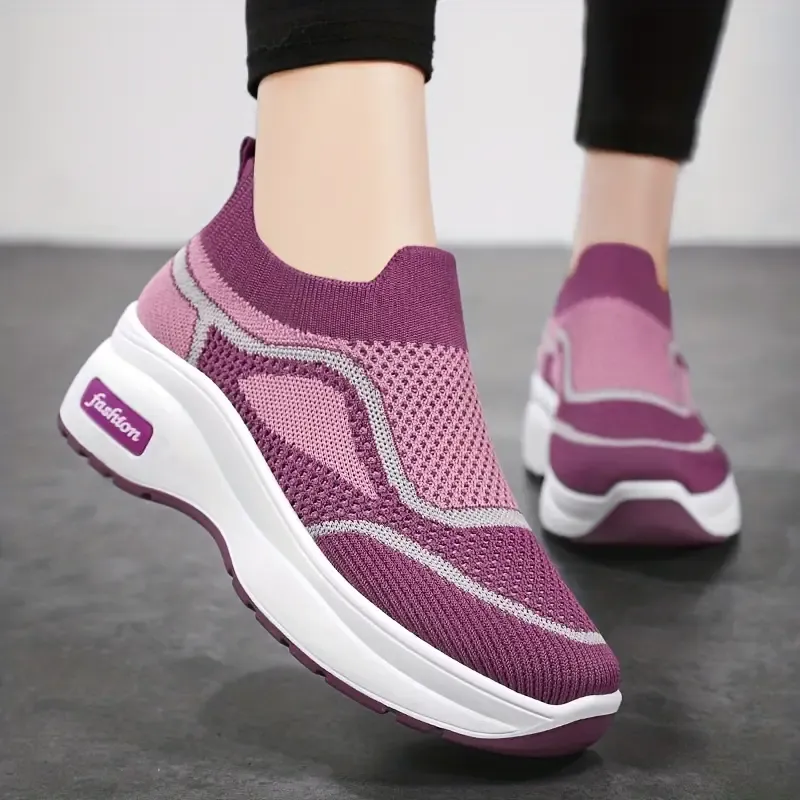 Women's Breathable Flying Woven Platform Sneakers, Casual Slip On Outdoor Shoes, Comfortable Low Top Shoes