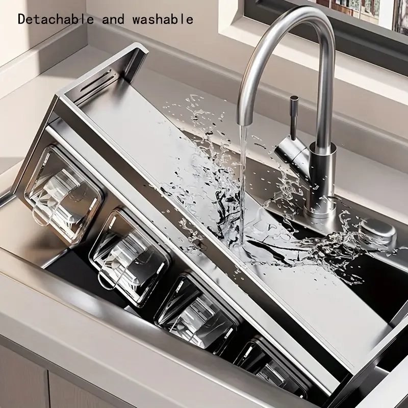 1pc Durable Aluminum Wall-Mounted Kitchen Organizer with Seasoning Containers and Jars - No-Drill Installation for Home and Restaurant Use