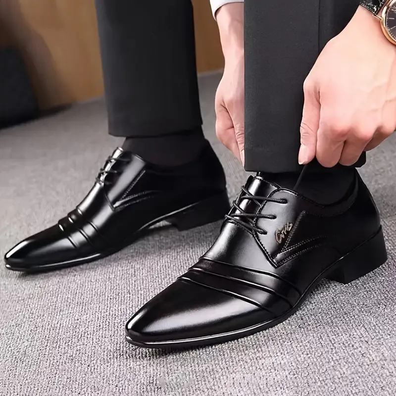 Men's Sleek Black Faux Dress Shoes - Fashionable Lace-Up Business Footwear with Durable TPU Sole