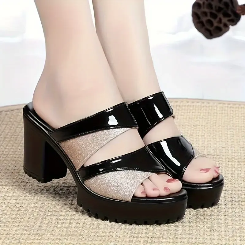 Women's Solid Color Stylish Sandals, Slip On Platform Soft Sole Sequins Decor Shoes, Comfort Dress Chunky Heels