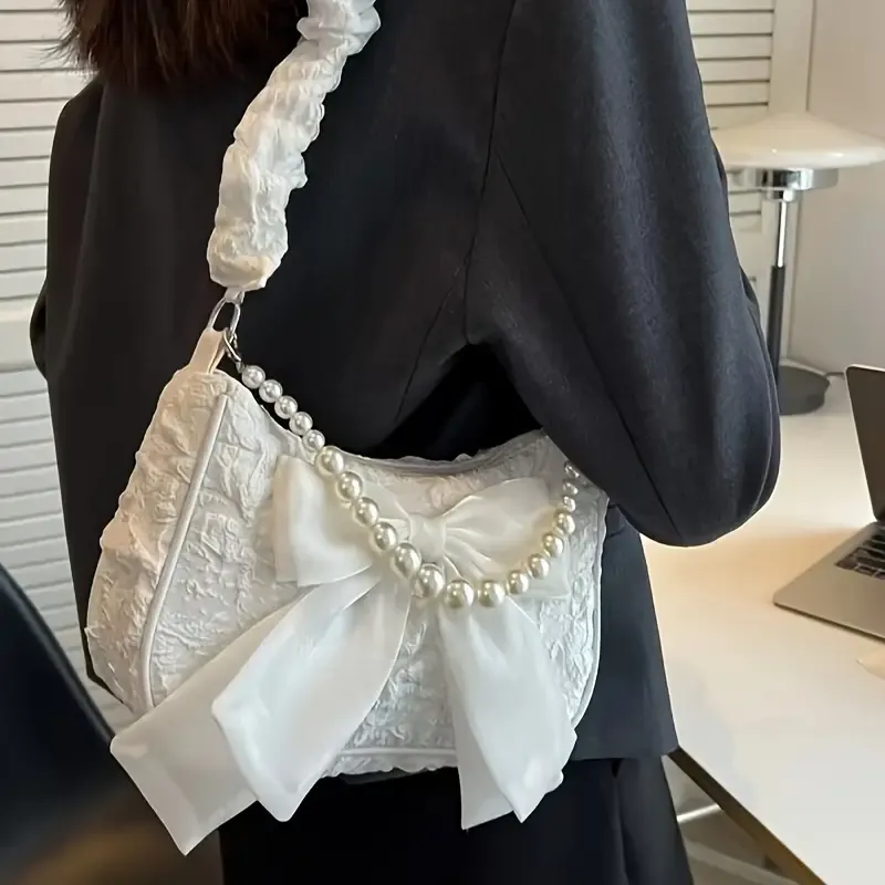 Elegant Faux Pearl & Rhinestone Chain Crossbody Bag - Chic Argyle Jacquard with Bowknot, Perfect for Parties, Weddings, Proms Women's Fashion Shoulder PurseWhite