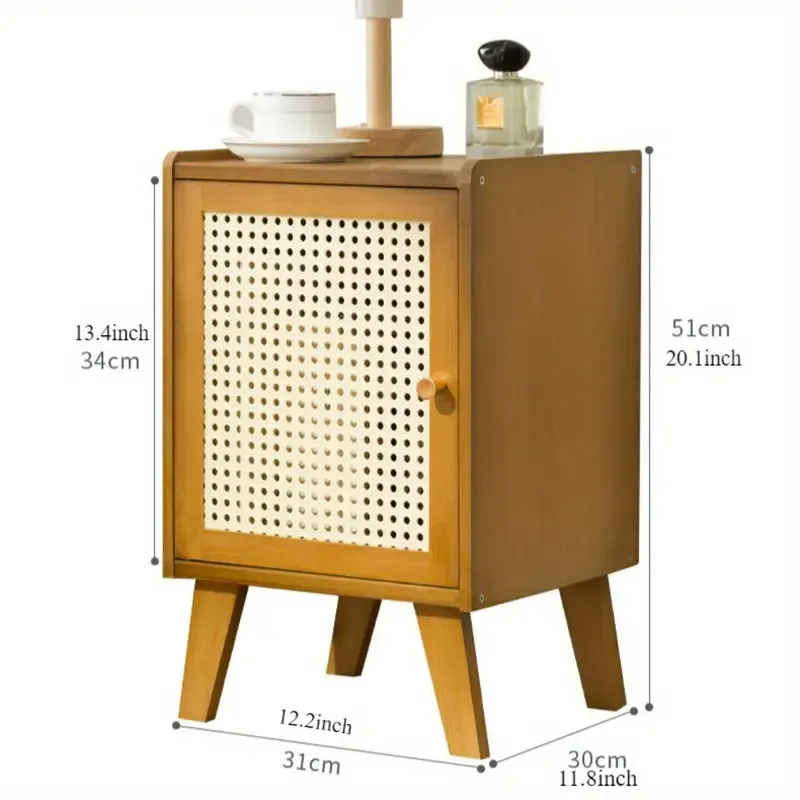 Boho Chic Imitation Rattan Nightstand - Versatile Side Table with Solid Wood Legs for Bedroom, Dorm & Small Spaces