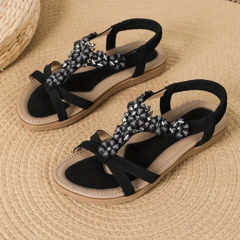 Women's Rhinestone Flower Sandals, Lightweight Flat Elastic Strap Holiday Shoes, Summer Beach Shoes