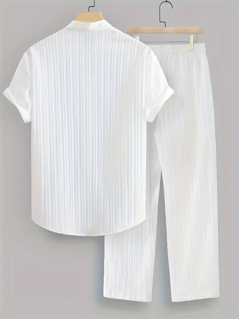 Men's Solid Color Ribbed Casual 2-Piece Set, Stand Collar Short Sleeve Shirt And Long Pants Outfit For Summer Casual Daily Wear