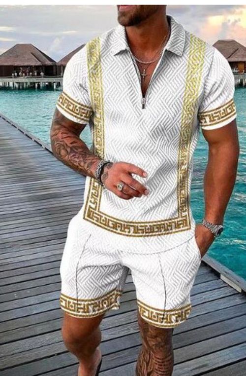 European and American men's new casual contrast color POLO zipper lapel shirt short sleeve suit