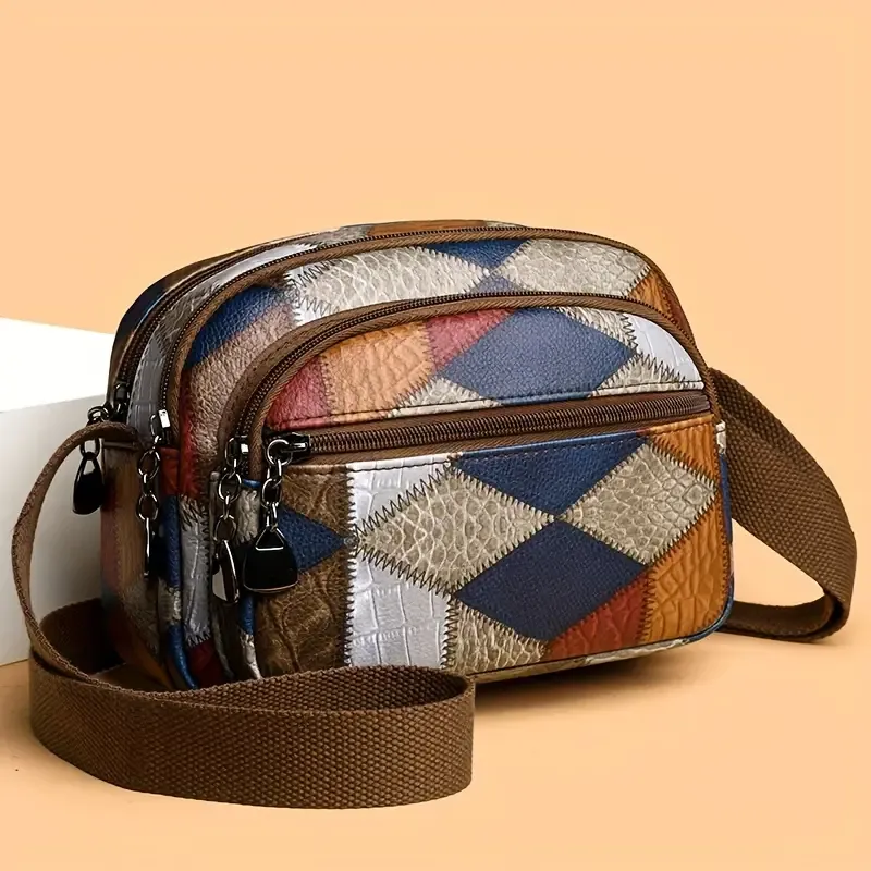 Versatile Shoulder Bag With Multiple Pockets, Geometric Decorations, Wide Shoulder Strap, Crossbody Bag And Handbag, Suitable For Daily Commute, Work, Travel, And Various Functions