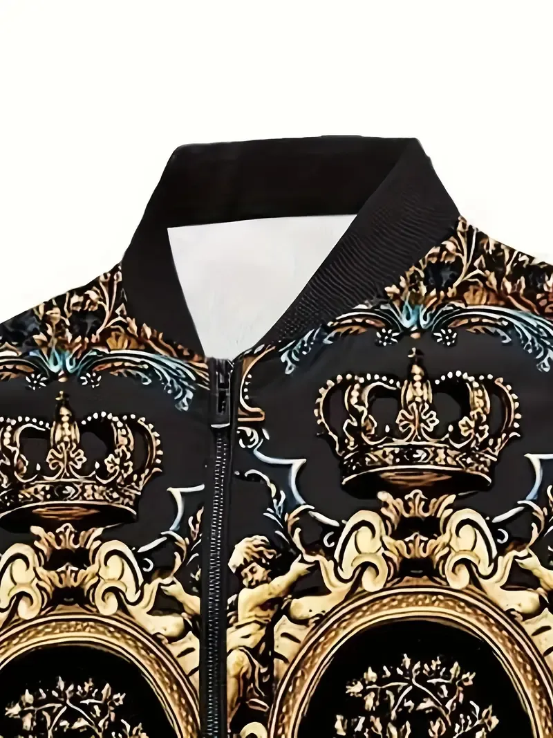 Men's Casual Printed Baseball Collar Jacket, Chic Bomber Jacket For Fitness