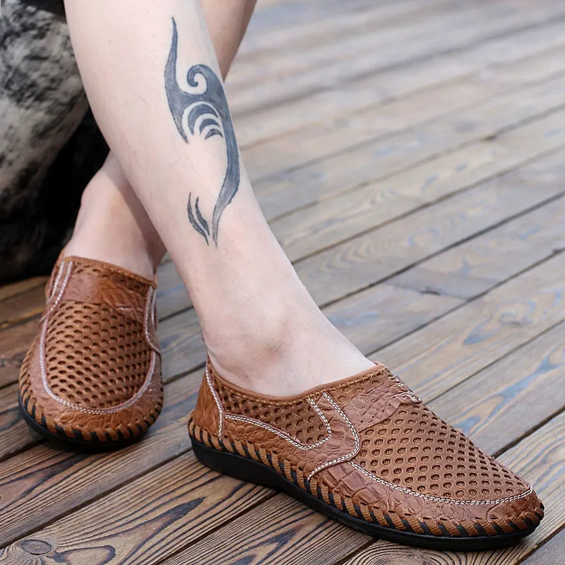 Cowhide crocodile pattern breathable mesh shoes