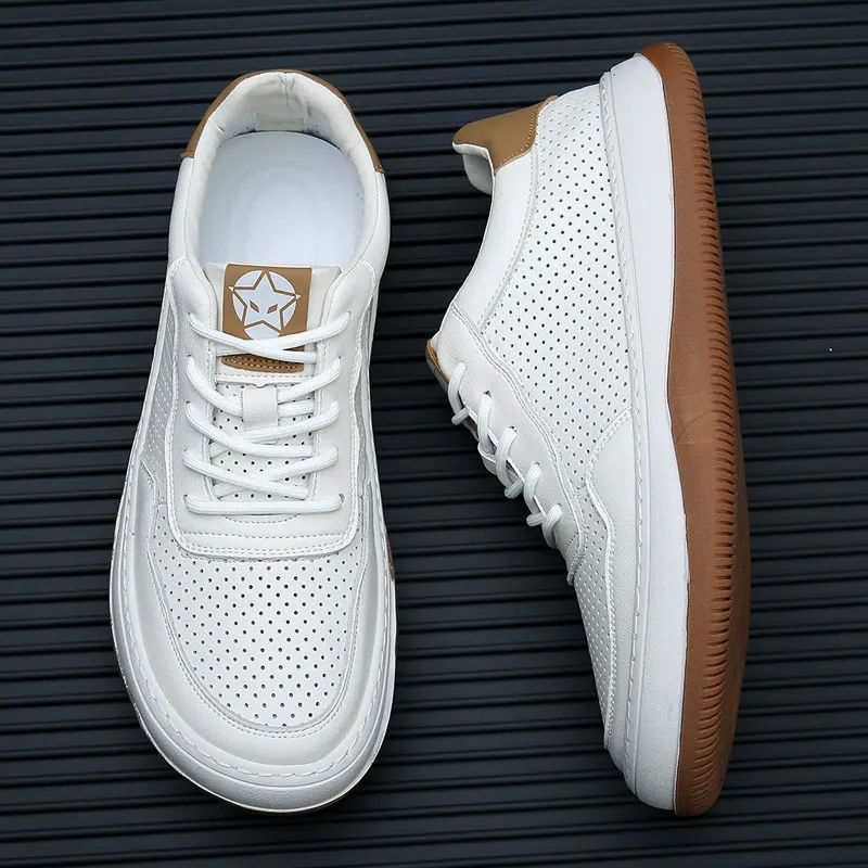 Summer new style sneakers for men, genuine leather, breathable, cool shoes, men's hollowed-out thick-soled white shoes