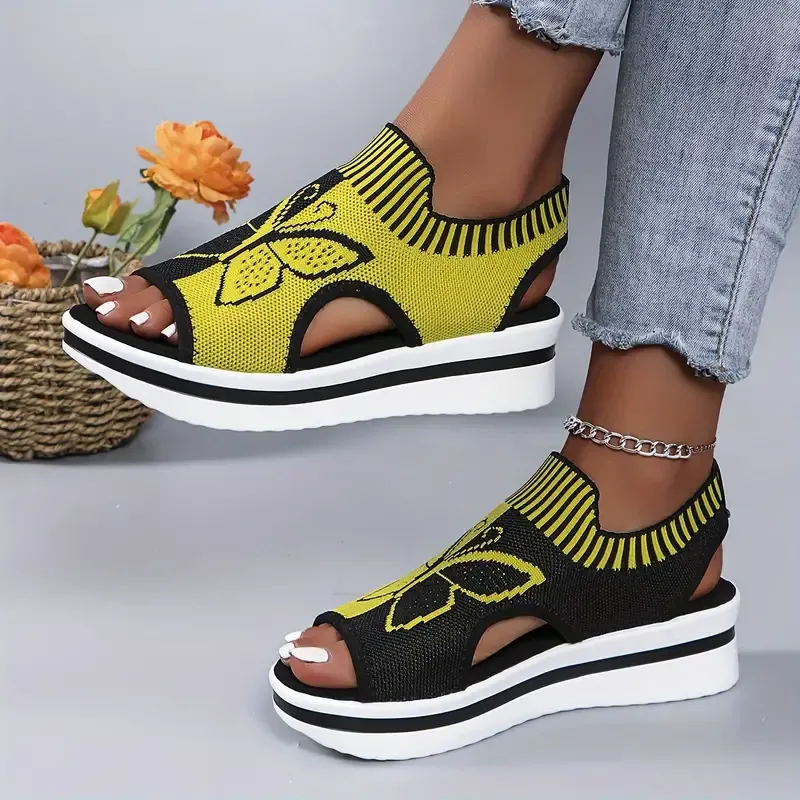 Women's Contrast Color Knitted Sandals, Platform Slip On Walking Comfort Shoes, Butterfly Wedge Stretch Shoes
