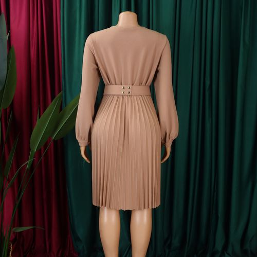 Trendy Elegant Bright Happy Color Pleated Dress Casual European Design V Neck Dresses For Women