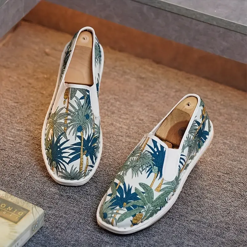 Men's Trendy Coconut Tree Pattern Slip On Loafer Shoes