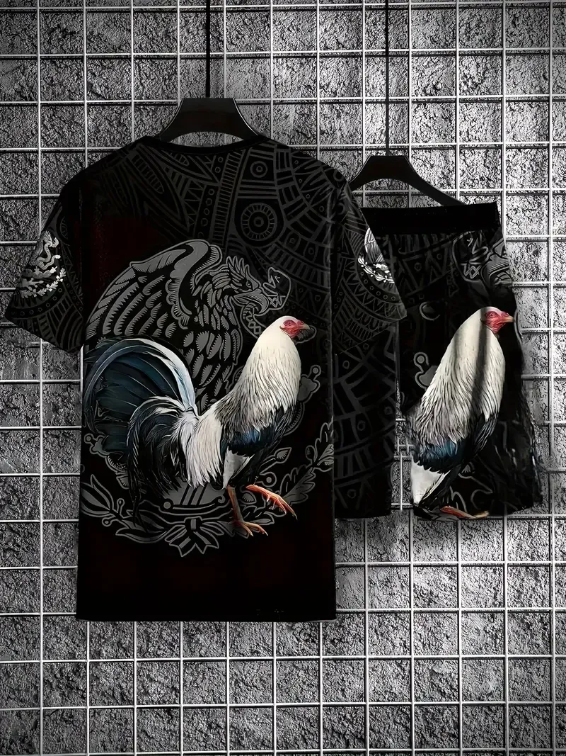 Free shipping on all orders Limited-time offer 2-piece Rooster 3D Digital Print Men's Summer Leisure Outfit Set, Men's Short Sleeve Crew Neck T-shirt & Shorts Set