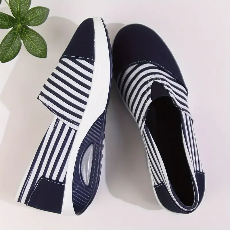Striped Canvas Fashion Sneakers for Women - Comfortable All-Season Slip-On Low Top Round Toe Shoes with Fabric Inner, PU Sole - Hand Wash or Dry Clean Safe