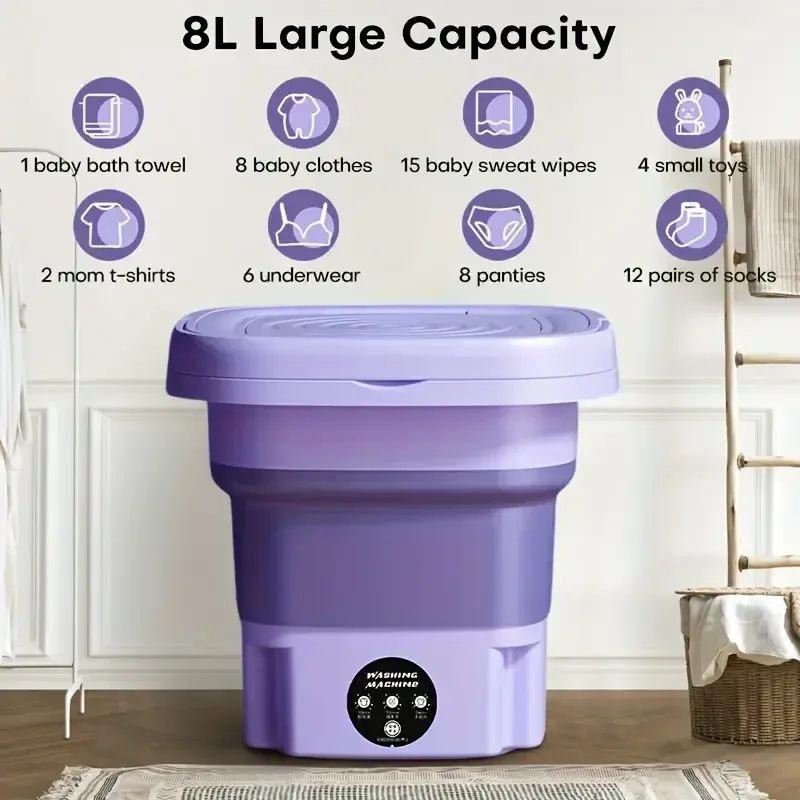 8L Foldable Mini Washing Machine - Fully Automatic, Portable, Compact, and Energy-Efficient Laundry Solution for Apartment, Dorm, Camping, and RV Travel - 110V-130V UK Plug Power Supply