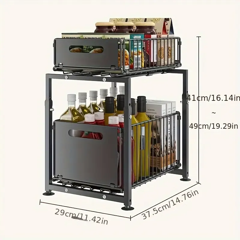 2-Tier Under Sink Organizer with Pull-Out Metal Drawers, Iron Cabinet Storage for Kitchen & Bathroom, Adjustable Height, Black