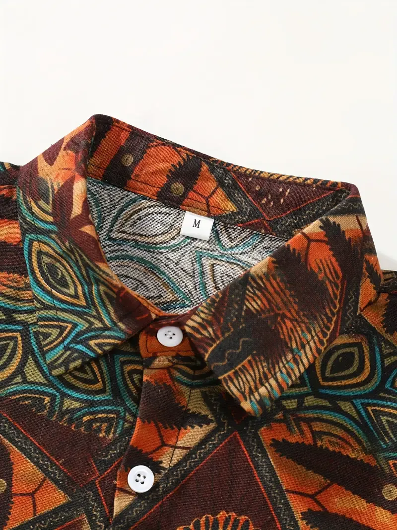 Men's Stylish Loose Cotton Blend Geometric Print Shirt, Casual Breathable Lapel Button Up Short Sleeve Shirt For Summer Outdoor Activities