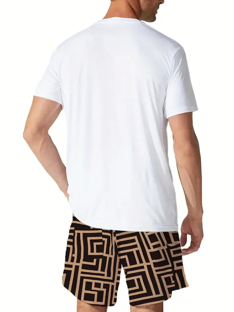 Men's Bear & Squares Pattern Graphic Print T-Shirt & Shorts co ord set For Summer, 2Pcs Outfits