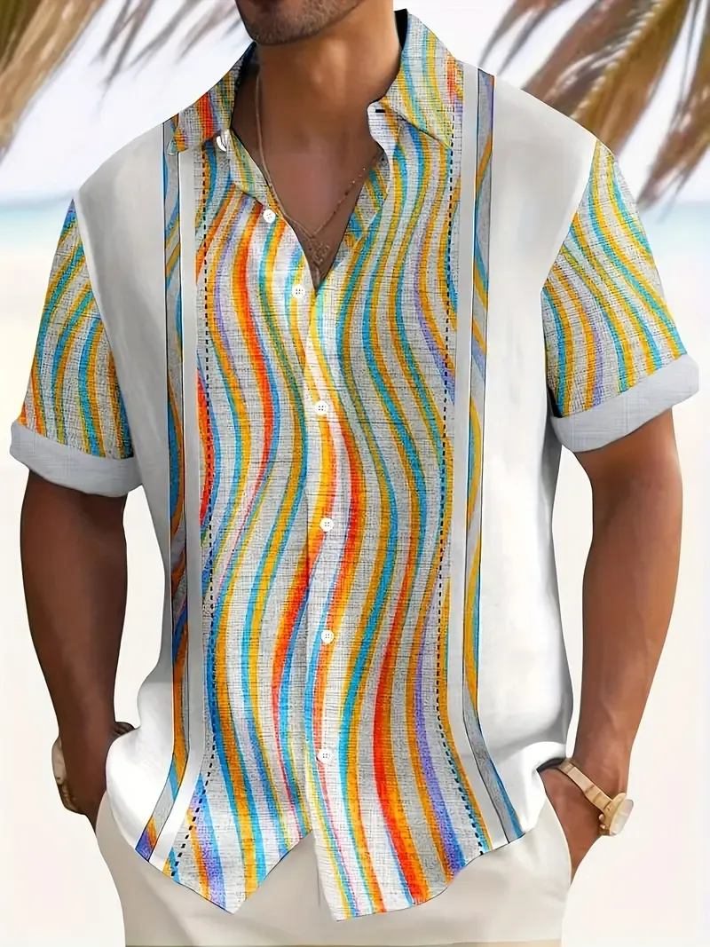 Vintage Rainbow Striped Print Men's Button Up Short Sleeve Shirt – Retro Style Casual Summer Shirt For Outdoor Activities Holiday Leisure Time