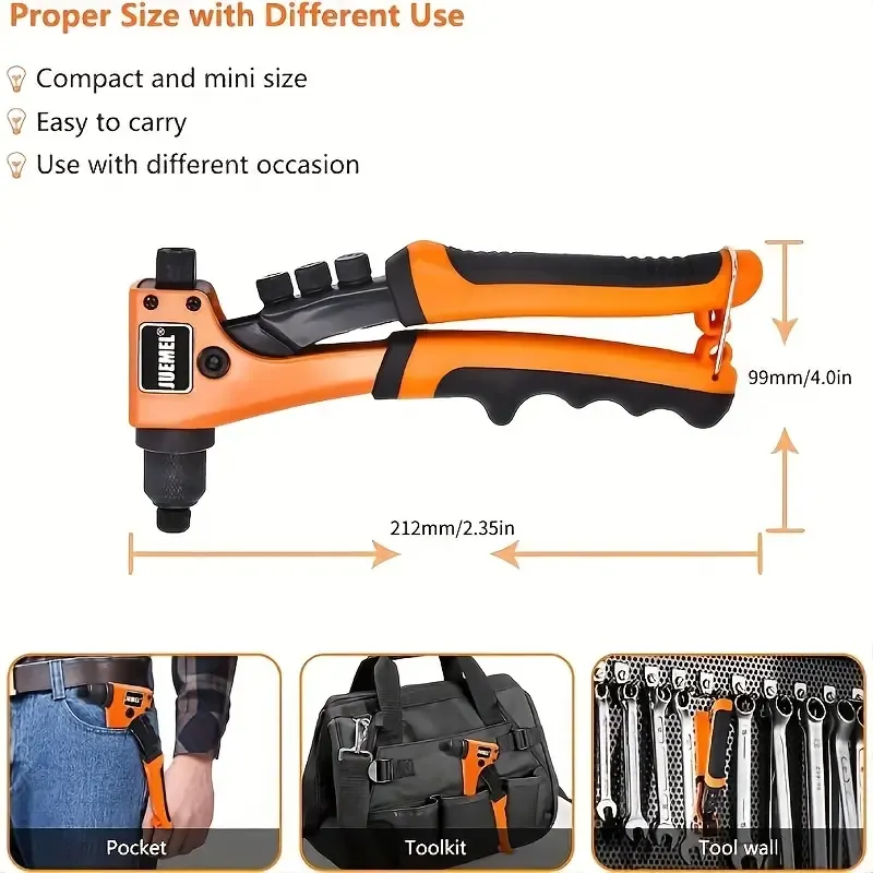 Rivet Gun With 80Pcs Rivets, Manual Rivet Gun Kit With 4 Changeable Rivet Heads, Heavy Duty Single Hand Riveter For Plastic, Metal, Leather
