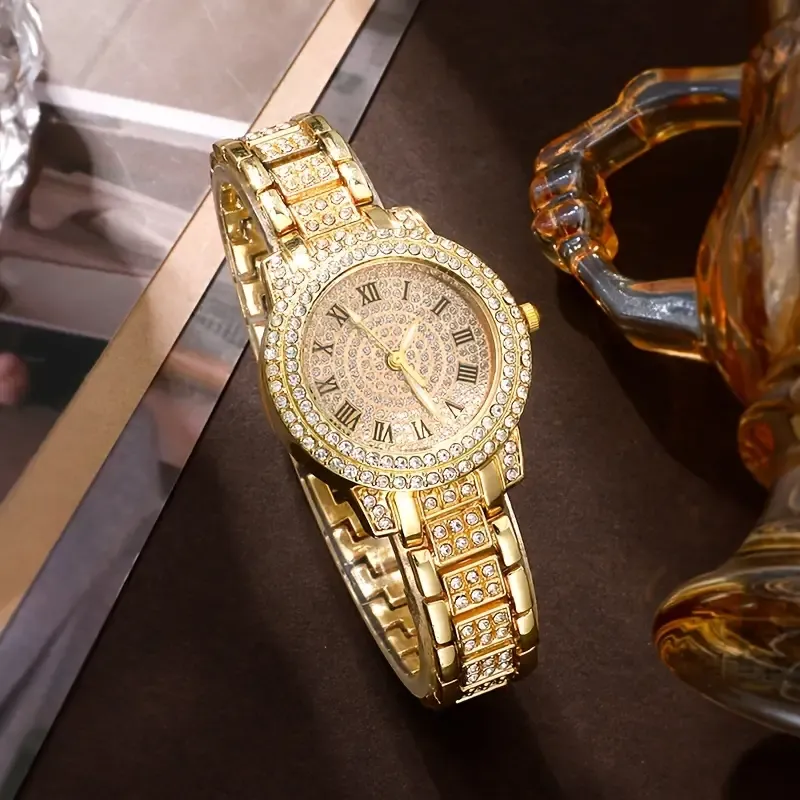 Watch Luxury Rhinestone Quartz Watch Shiny Fashion Analog Wrist Watch & Jewelry Set, Gift For Mom Her