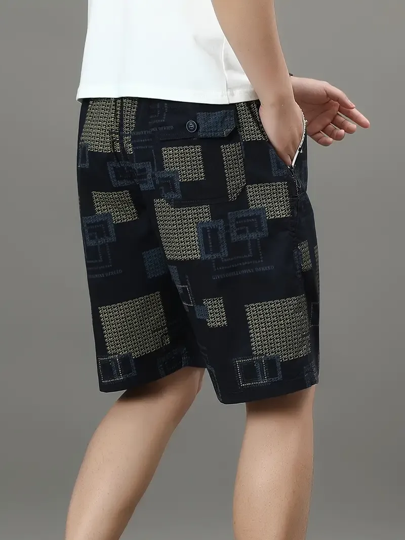 Men's 100% Cotton Geometric Graphic Print Shorts With Pockets, Stylish Shorts For Summer