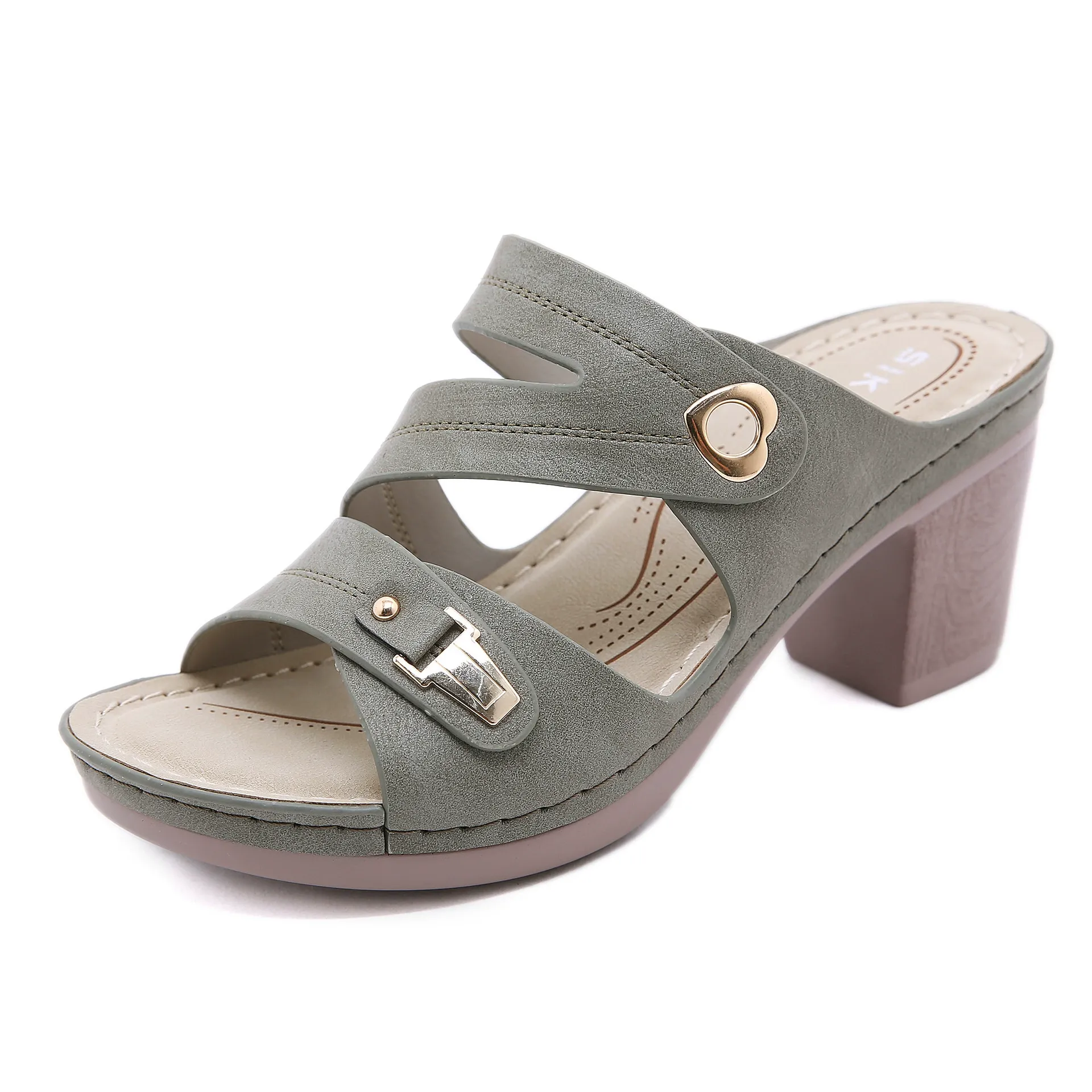 Metal buckle stitching sandals thick high heel large-sized comfortable slippers
