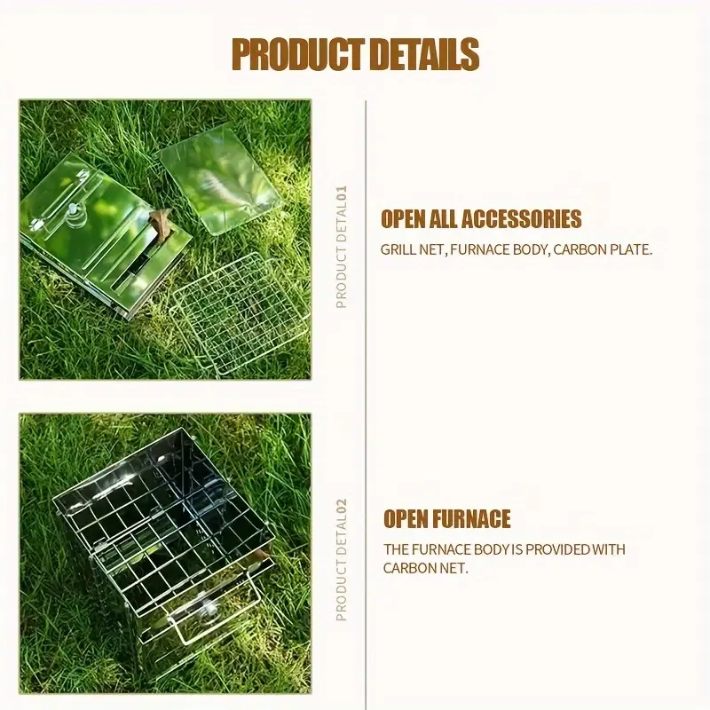 1pc Multi-Purpose Portable Folding Stainless Steel Wood Stove for Outdoor, Square Unfinished Fire Pit with High-Temperature Resistant Grill, Ideal for Boiling, BBQ, Frying, Hot Pot, Includes Storage Bag - No Lighter Device Included