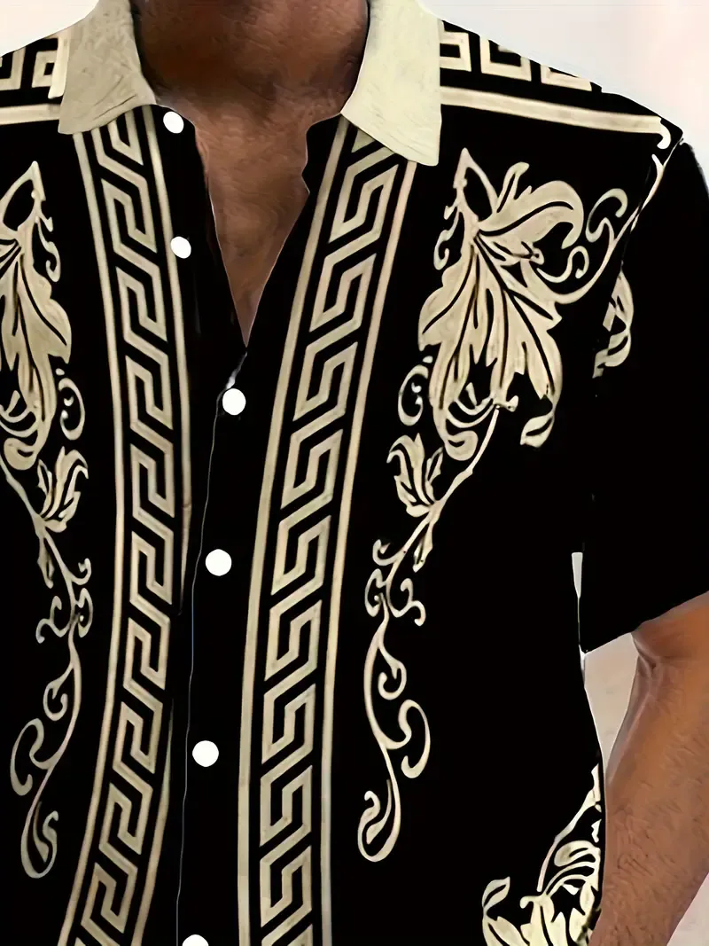 Men's Vintage Design Flower And Geometric Jacquard Print Short Sleeve Button Up Lapel Shirt, Hawaiian Fashion Tops For Summer Street, Casual And Holiday Wear