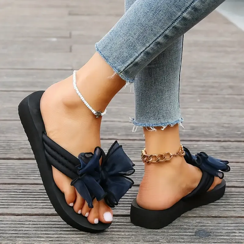 Women's Fashion Platform Flip-Flops With Bow Detail, Summer Trendy Non-Slip Indoor & Outdoor Elevated Beach Slides Vacation Travel Essential