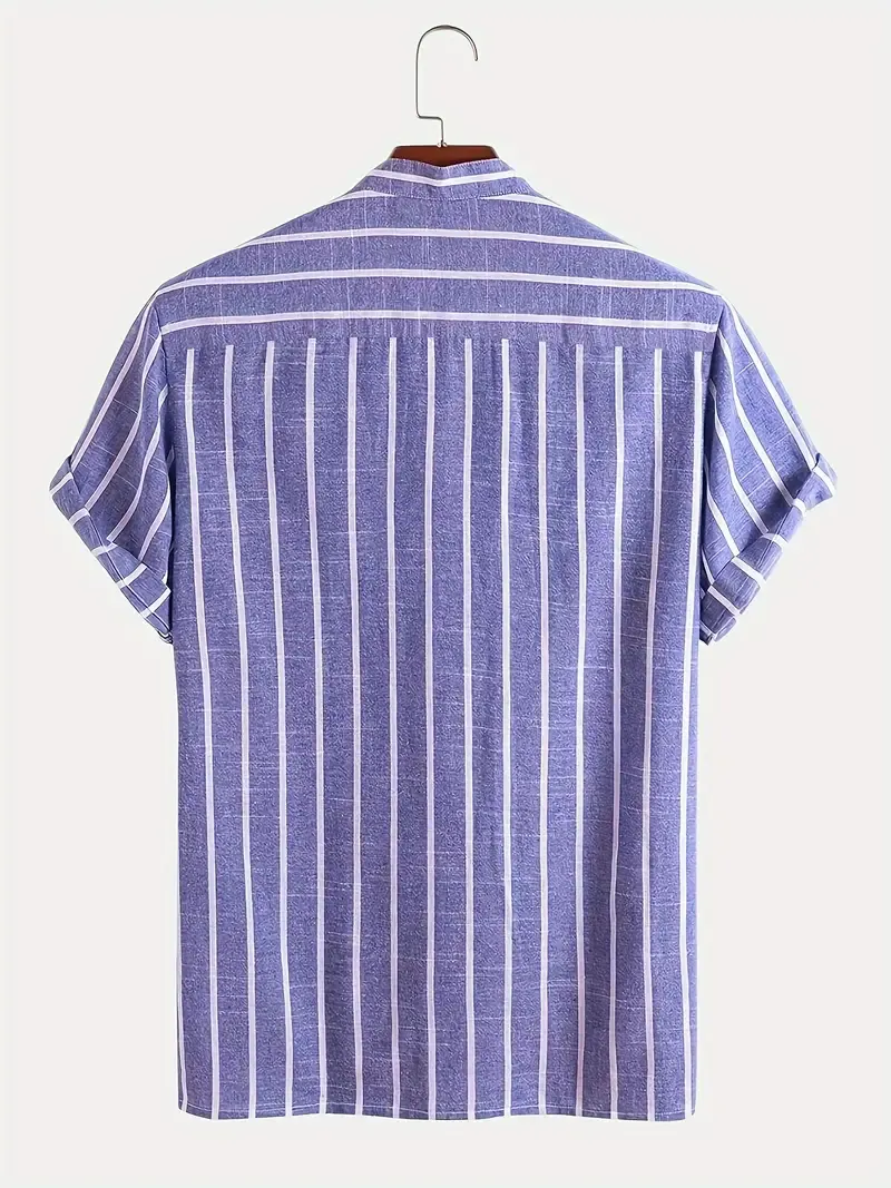 Contrast Color Stripe Pattern Men's Short Sleeve Stand Collar Henley Shirt, Classic And Chic Cotton Blend Tops For Summer Daily Wear And Vacation Resorts