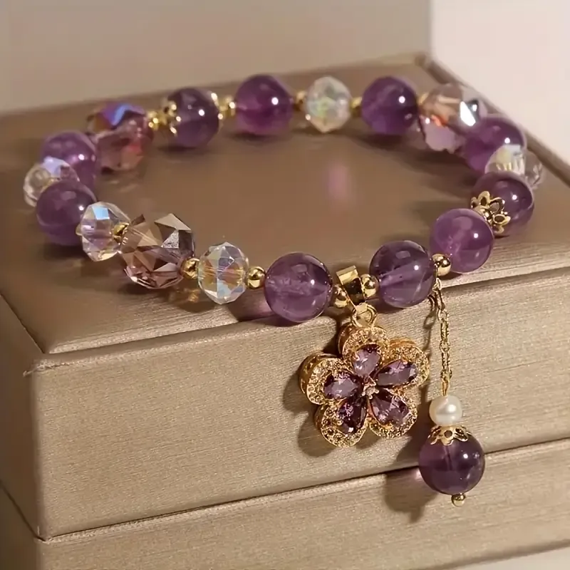 Vintage Bohemian Style Purple Amethyst Beaded Bracelet with Flower Pendant - Perfect for Everyday Wear or as a Gift