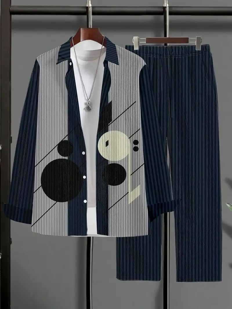 2pcs Men's Geometric Print Casual Suit Set - Sport Style Long Sleeve Button Shirt With Turn-down Collar & Stripe Print Leisure Pants
