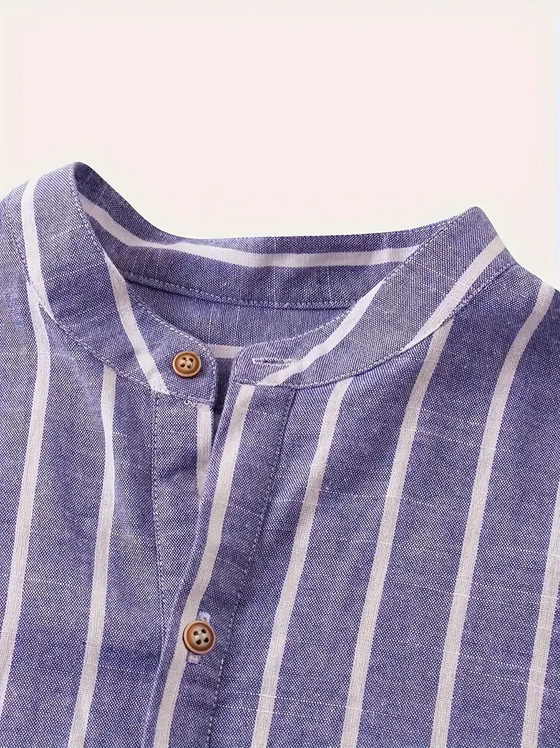 Contrast Color Stripe Pattern Men's Short Sleeve Stand Collar Henley Shirt, Classic And Chic Cotton Blend Tops For Summer Daily Wear And Vacation Resorts